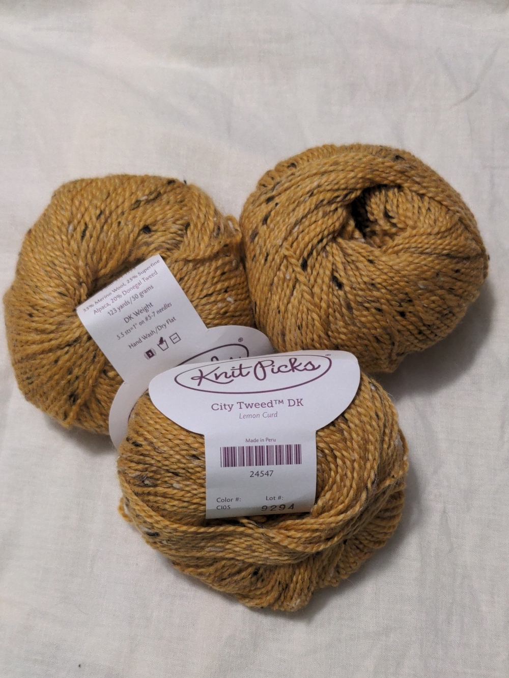 Knit Picks City Tweed DK In Lemon Curd 2 & 3/4 Skeins Lot